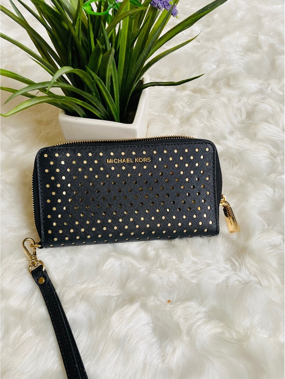 Michael Kors Black and Gold Perforated Zip Around Wristlet